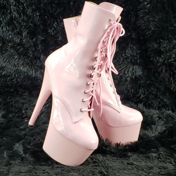 Baby Pink Patent Platform 7" Heel Ankle Boots - Picture 2 of 16